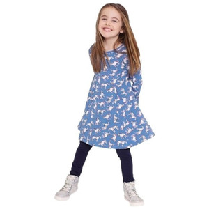 ROD'S Girl's Western Blue Horse‎ Print Dress Sz Med Aline Bell Sleeves